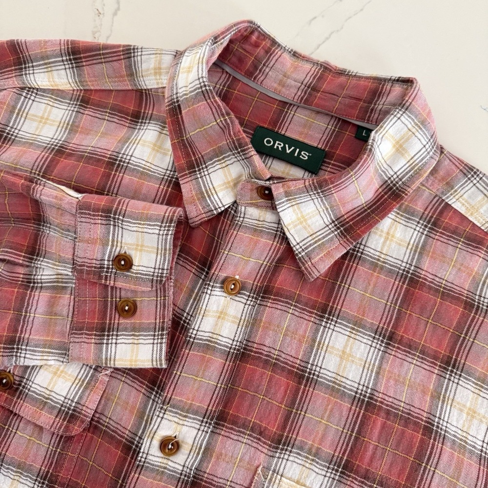 Orvis Men's Active Fit Crushed Herringbone Weave Red White Plaid Large Gorpcore
